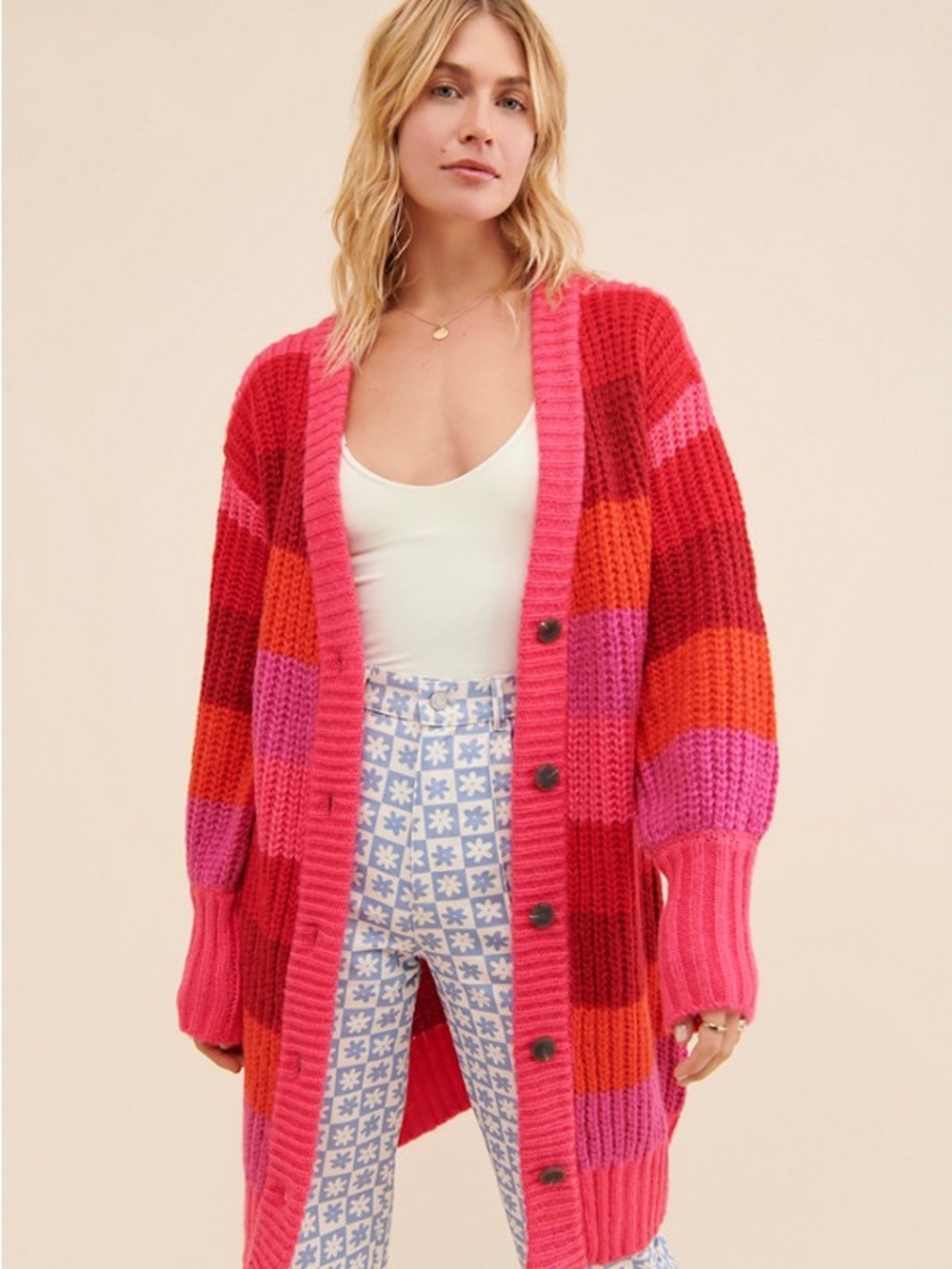 FARM Rio Pink, Red & Orange Striped Chunky Cardigan
